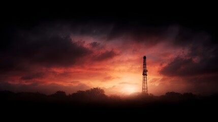 Dramatic silhouette of an oil drilling rig towering against a fiery sunset sky with dark clouds and a glowing horizon representing energy production