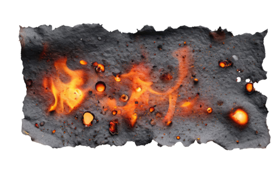 Torn paper, charred and burning with scattered flames