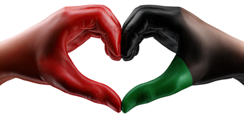 Two hands forming a heart shape, colored with red, black, and green, symbolizing unity and love