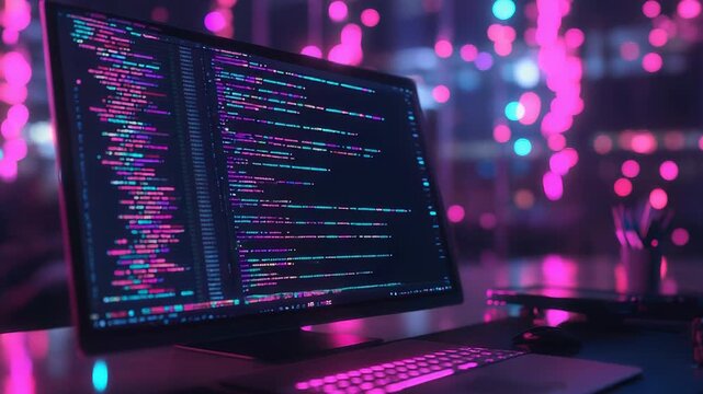 Computer showing source code in modern office at night