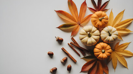 Composition of autumn leaves, acorns, pumpkins and cinnamon sticks on white background, top view. Space for text