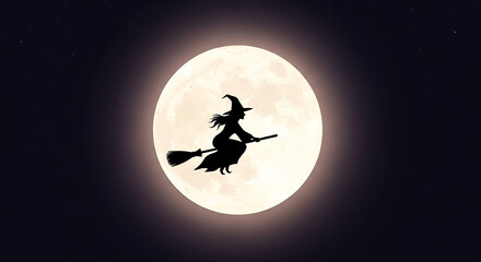 A witch flying on a broom in front of the full moon