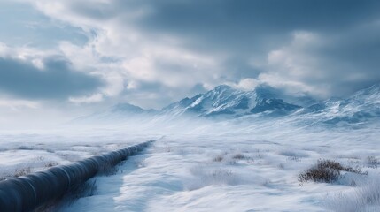 An essential energy pipeline extends across a vast remote snowy landscape with majestic snow capped mountains under a cloudy winter sky