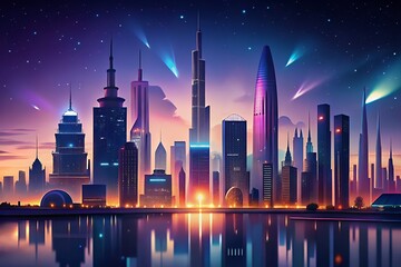 Obraz premium Vibrant futuristic cityscape with glowing skyscrapers reflected in water under a starry sky
