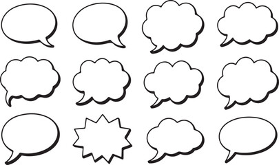 Twelve Black Outline Speech Bubbles and Thought Bubbles in a Grid talk bubble comic
