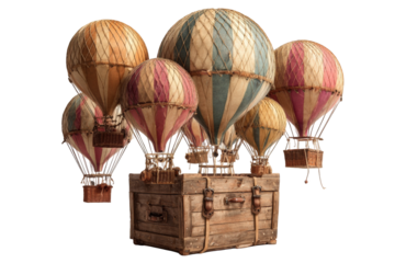 Vintage hot air balloons clustered around a wooden chest