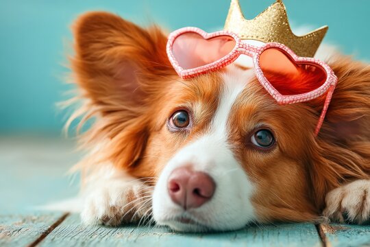 Cute dog wearing heart-shaped sunglasses and a golden crown poses on a wooden surface, capturing a playful moment at home