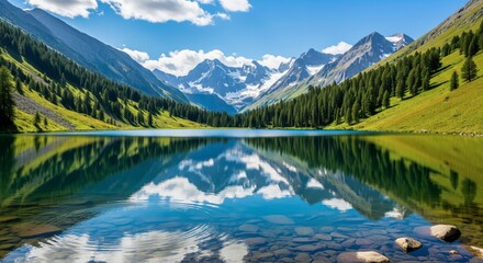Serene mountain lake reflecting majestic peaks and lush greenery under a blue sky