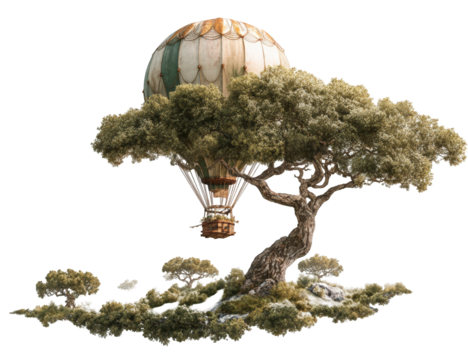 A whimsical tree houses a hot air balloon - Powered by Adobe