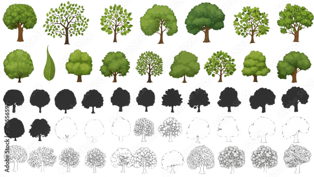 Wall mural CAD Tree Line Minimal Set | Outline Symbols for Architecture and Landscape Design