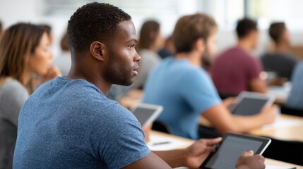 A focused student using a tablet in a classroom filled with peers. The atmosphere is one of concentration and learning.