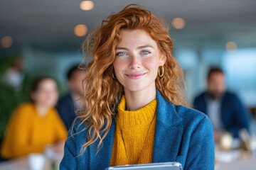 Smiling young redhead businesswoman in mustard sweater and blazer working with tablet in modern office