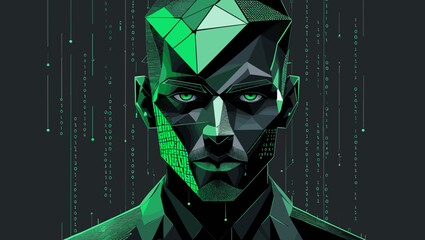 Futuristic humanoid character with geometric features and digital matrix background
