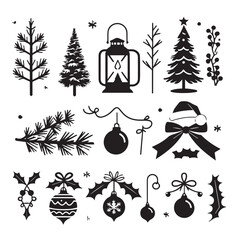 Vector art of assortment of black christmas and winter holiday graphic elements