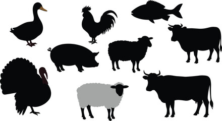 Vector illustration of farm animals silhouettes including cow, sheep, pig, rooster, duck, turkey, fish, agriculture livestock design for farming themes 