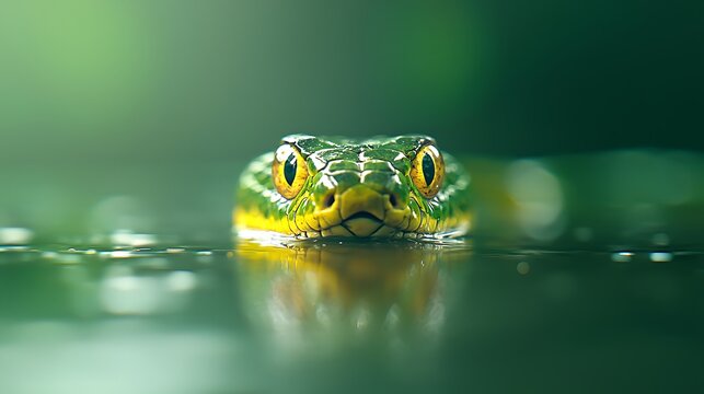 Close up of a green snake emerging from water