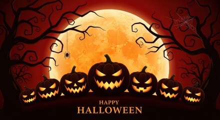 Spooky halloween pumpkins with jackolantern faces glow in front of a large full moon