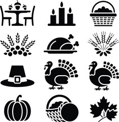 Thanksgiving Icons Set With Turkeys Pumpkins And Harvest Elements cornucopia pilgrim hat