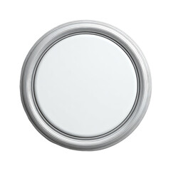 A circular, matte white paint sample, framed by a silver decorative ring