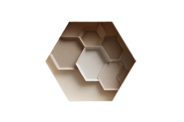 Abstract hexagon composed of layered, light beige honeycomb compartments