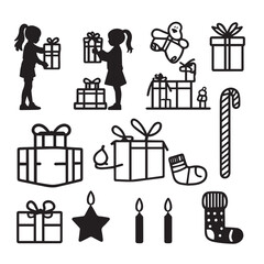 Vector art of assortment of christmas elements including gift boxes, stockings, candles, and children with presents