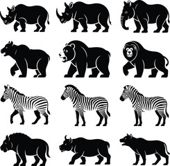 Wild Animal Icons Set Safari and Zoo Creatures Collection Black Silhouettes rhino