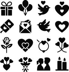 Valentine's Day Love Symbols Black Icons on White Background (78