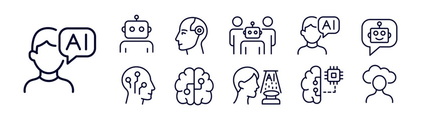 AI collaboration outline icon set, vector pack of humans and robots