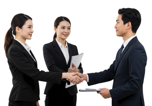 Businesspeople shaking hands during a meeting. Two women and one man in business attire.