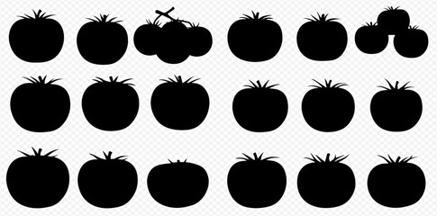 A collection of black tomato silhouettes showcasing various sizes and forms, including single fruits and a cluster on a vine, set against a transparent background.