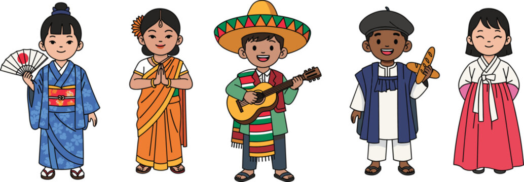 Happy children in international traditional clothing, celebrating global culture, diversity, heritage, multicultural unity, cartoon characters, ethnic costumes illustration