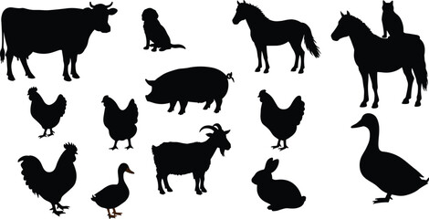 Farm animal silhouette vector collection with cow, horse, pig, goat, chicken, rooster, duck, rabbit, cat, dog, rural agriculture illustration design  