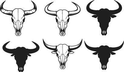 Buffalo skull silhouette and bull skull vector illustration set with horns, western cowboy style, tattoo design, vintage decoration, rustic artwork elements