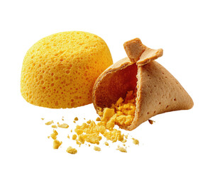 Two yellow treats, one a round, porous ball, the other a broken, cone-shaped pastry filled with crumbly yellow pieces