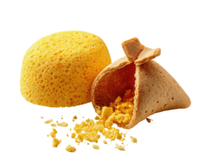 Two yellow treats, one a round, porous ball, the other a broken, cone-shaped pastry filled with crumbly yellow pieces