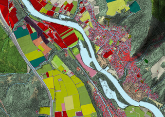 Concept de fond géographique - Données lidar HD - Vue aérienne de la topographie et occupation du sol d'un territoire - Rendu 2d modèle numérique de terrain et nuage de points Lidar HD