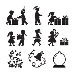 Vector art of black silhouettes of children celebrating christmas, exchanging gifts, and festive elements
