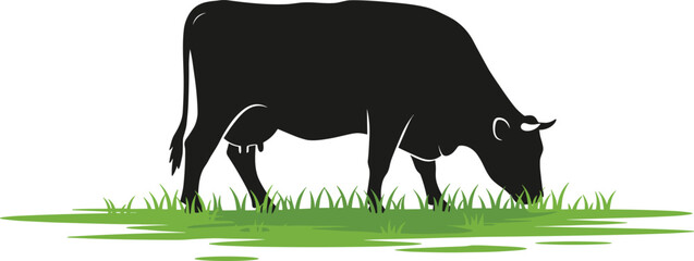 Cow grazing on green grass, livestock animal silhouette vector illustration, dairy farm cattle, rural agriculture, domestic animal design, farming landscape concept © Momotaj Contributor