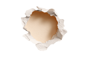 A circular hole punched through white paper, revealing a pale beige interior.  The edges of the hole are ragged, exhibiting a torn texture