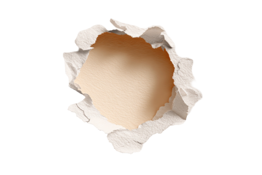 A circular hole punched through white paper, revealing a pale beige interior.  The edges of the hole are ragged, exhibiting a torn texture