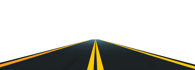 Empty highway stretches into dark distance.  Perspective view of asphalt road with two yellow lines.  Dimly lit road markings and small lights.  Deep black background