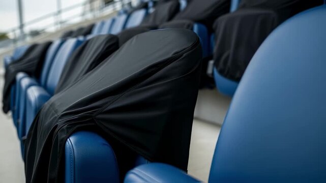 Closeup of hands securing protective seating covers on newly installed VIP grandstand bleacher seats.