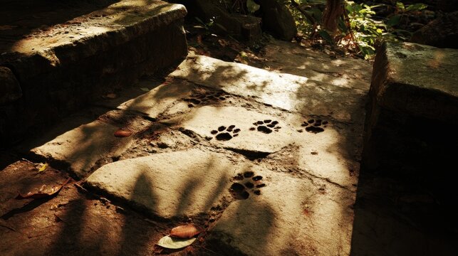 Animal paw prints on stone path