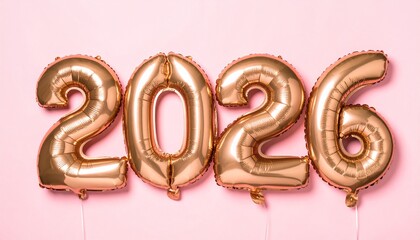 Romantic rose gold metallic balloons shaped as “2026” with soft pink pastel background, elegant celebration decoration with luxury party theme.