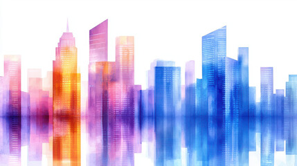 Obraz premium Vibrant watercolor cityscape featuring tall buildings in shades of orange, pink, and blue, reflecting beautifully on calm surface