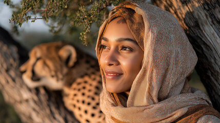 Woman wearing a scarf sitting next to a relaxed cheetah in a serene outdoor location
