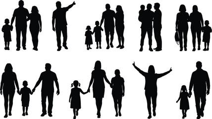 Silhouette family vector illustration showing parents with children walking, standing, holding hands, lifestyle, bonding, happiness, parenting, care, love, support, togetherness, unity, relationship