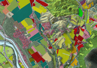 Concept de fond géographique - Données lidar HD - Vue aérienne de la topographie et occupation du sol d'un territoire - Rendu 2d modèle numérique de terrain et nuage de points Lidar HD