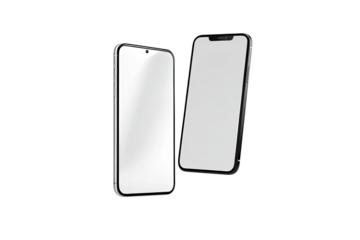 Two modern smartphones angled, white screens