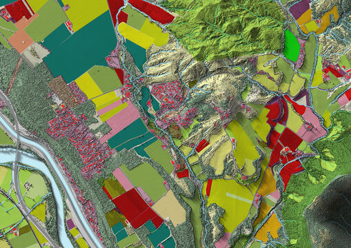 Concept de fond g&eacute;ographique - Donn&eacute;es lidar HD - Vue a&eacute;rienne de la topographie et occupation du sol d'un territoire - Rendu 2d mod&egrave;le num&eacute;rique de terrain et nuage de points Lidar HD